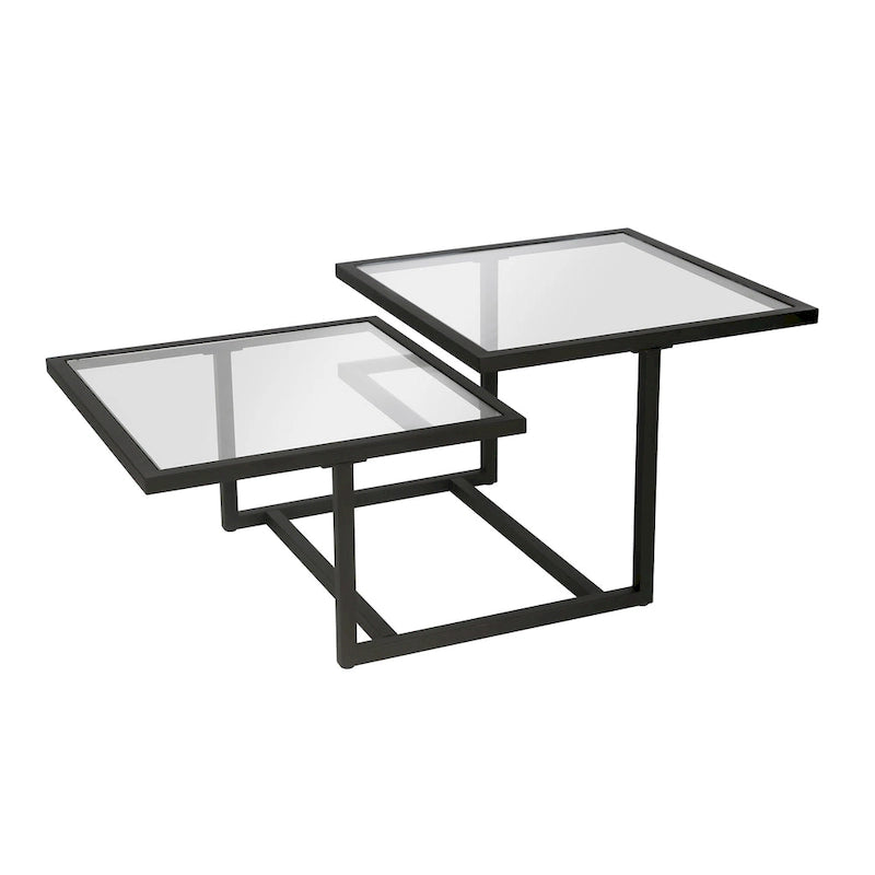 Table basse à deux plateaux en verre trempé avec piètement métallique géométrique