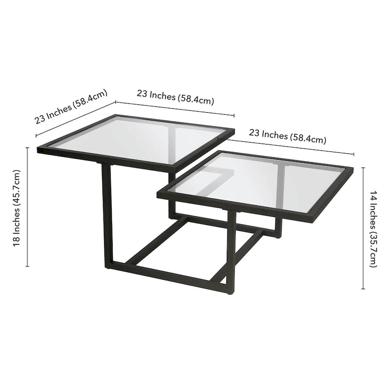 Table basse à deux plateaux en verre trempé avec piètement métallique géométrique