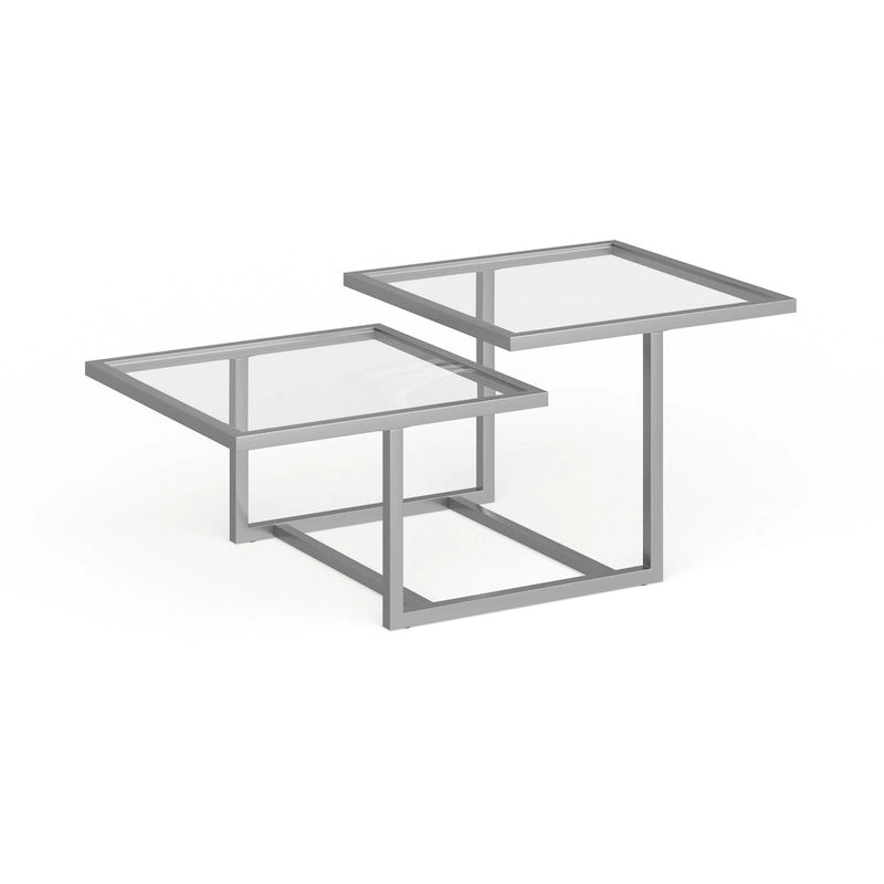 Table basse à deux plateaux en verre trempé avec piètement métallique géométrique