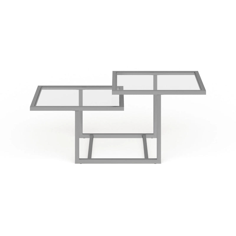 Table basse à deux plateaux en verre trempé avec piètement métallique géométrique