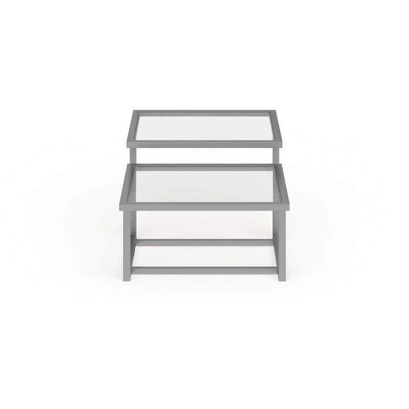 Table basse à deux plateaux en verre trempé avec piètement métallique géométrique