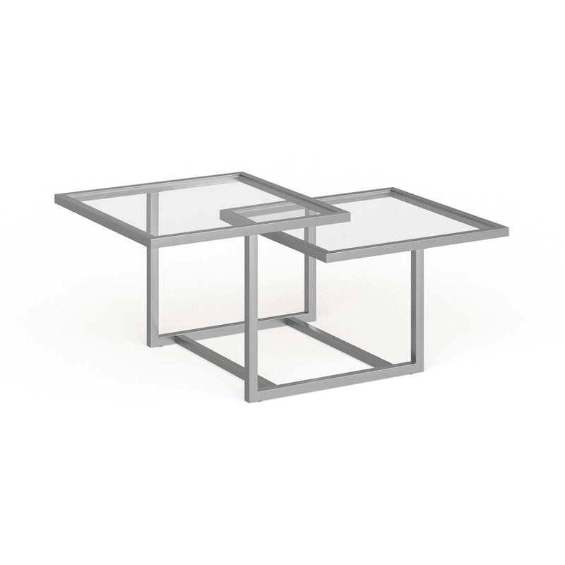 Table basse à deux plateaux en verre trempé avec piètement métallique géométrique