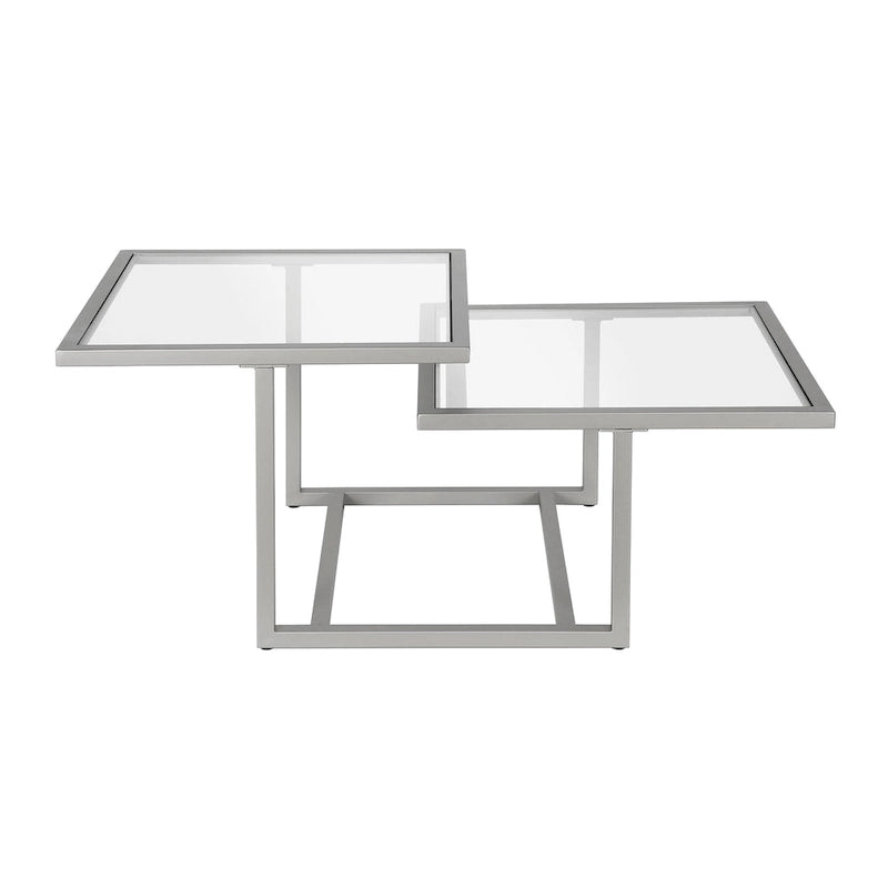 Table basse à deux plateaux en verre trempé avec piètement métallique géométrique