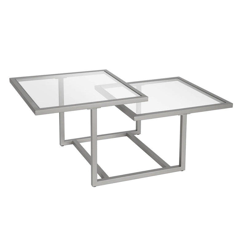 Table basse à deux plateaux en verre trempé avec piètement métallique géométrique