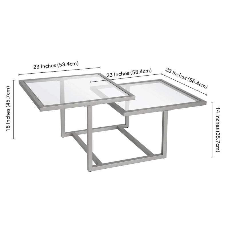 Table basse à deux plateaux en verre trempé avec piètement métallique géométrique