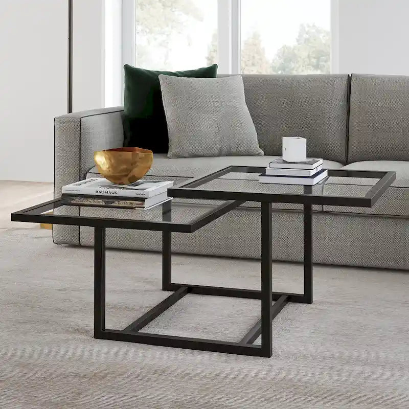 Table basse à deux plateaux en verre trempé avec piètement métallique géométrique