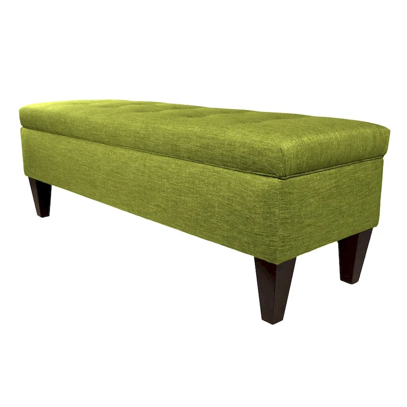 Banc de rangement long capitonné en tissu/bois de couleur unie
