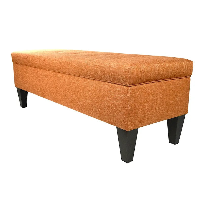 Banc de rangement long capitonné en tissu/bois de couleur unie