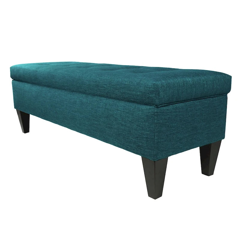 Banc de rangement long capitonné en tissu/bois de couleur unie