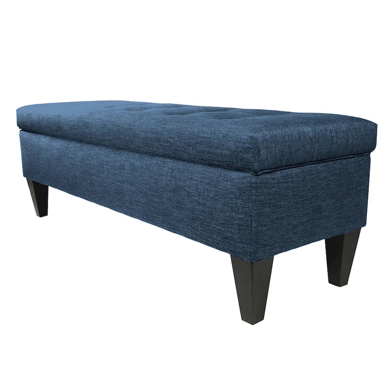 Banc de rangement long capitonné en tissu/bois de couleur unie