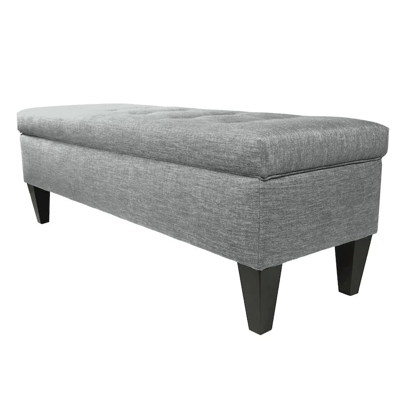 Banc de rangement long capitonné en tissu/bois de couleur unie