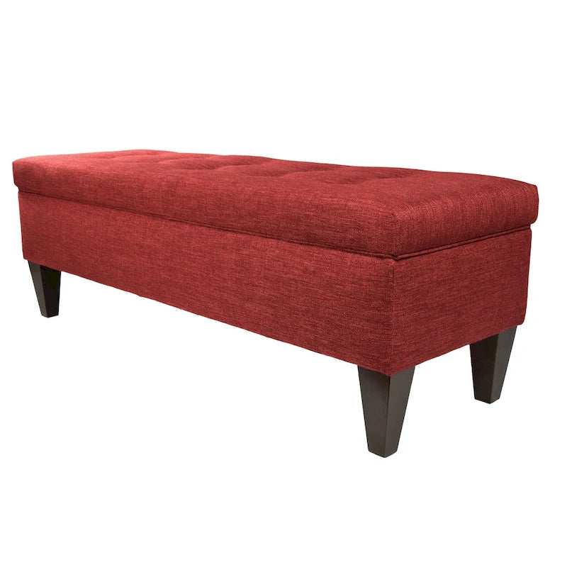 Banc de rangement long capitonné en tissu/bois de couleur unie