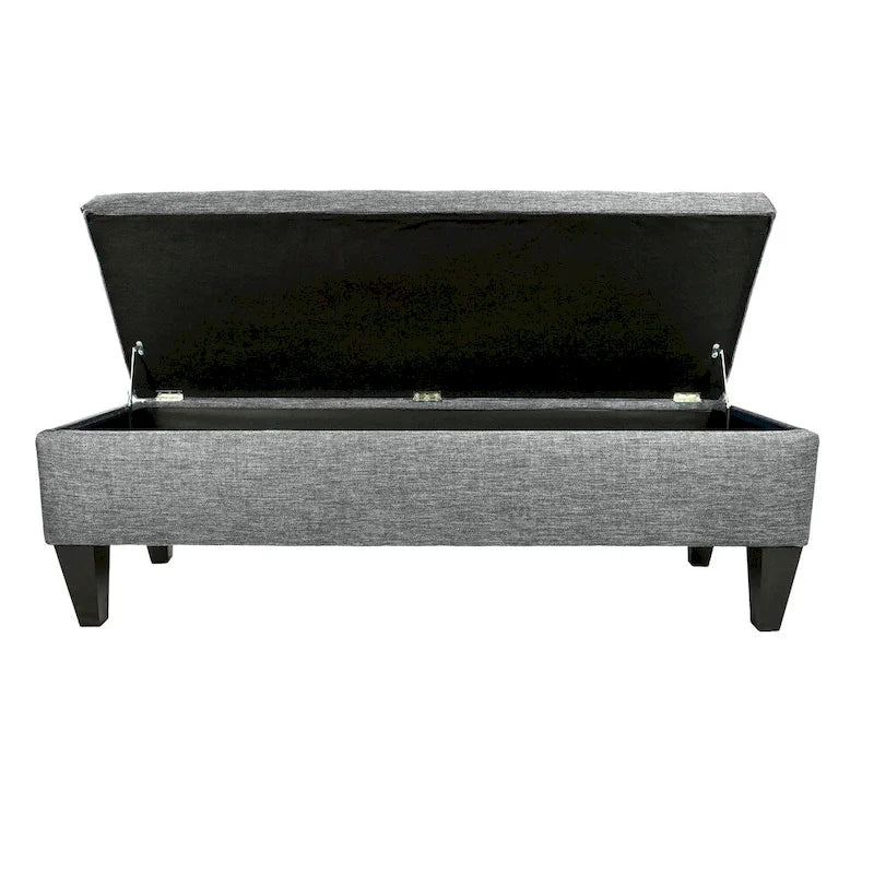 Banc de rangement long capitonné en tissu/bois de couleur unie