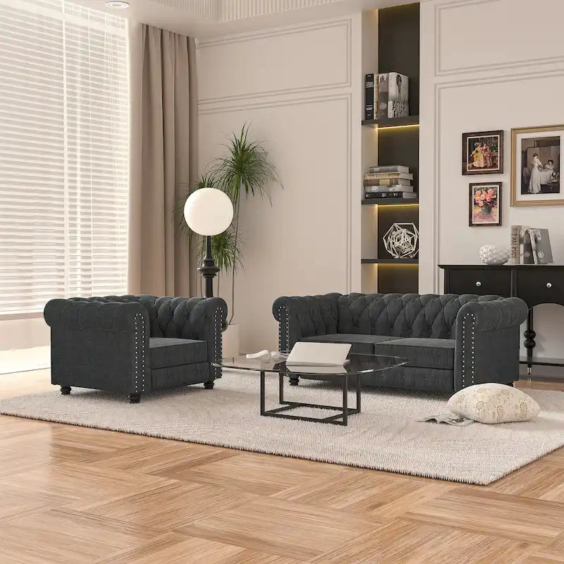 Ensemble de canapé Chesterfield capitonné et rembourré, 2 pièces pour salon, en lin, pieds en bois massif