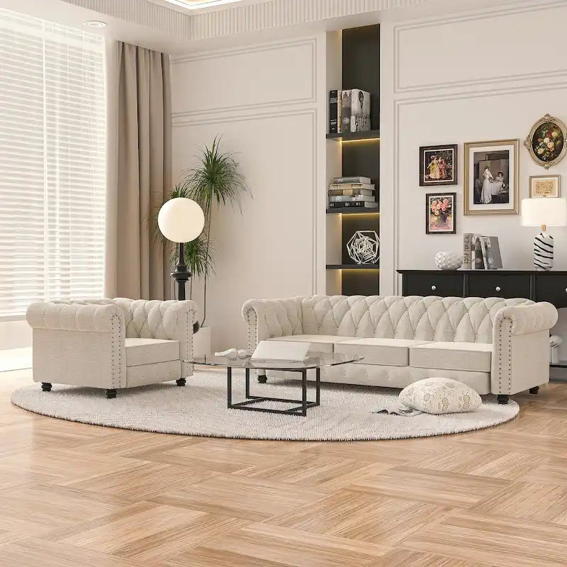 Ensemble de canapé Chesterfield capitonné et rembourré, 2 pièces pour salon, en lin, pieds en bois massif
