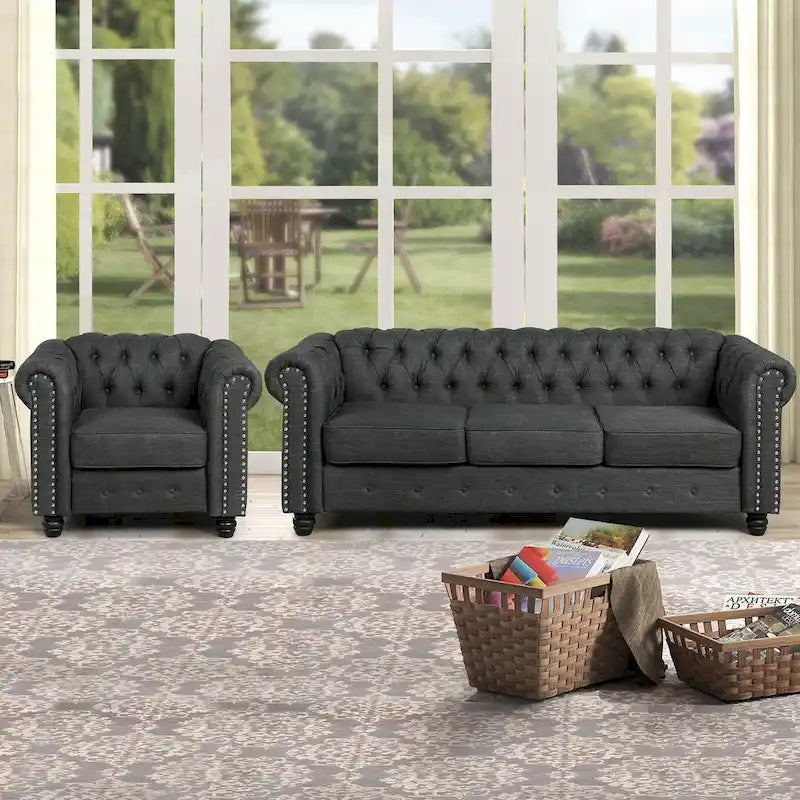 Ensemble de canapé Chesterfield capitonné et rembourré, 2 pièces pour salon, en lin, pieds en bois massif
