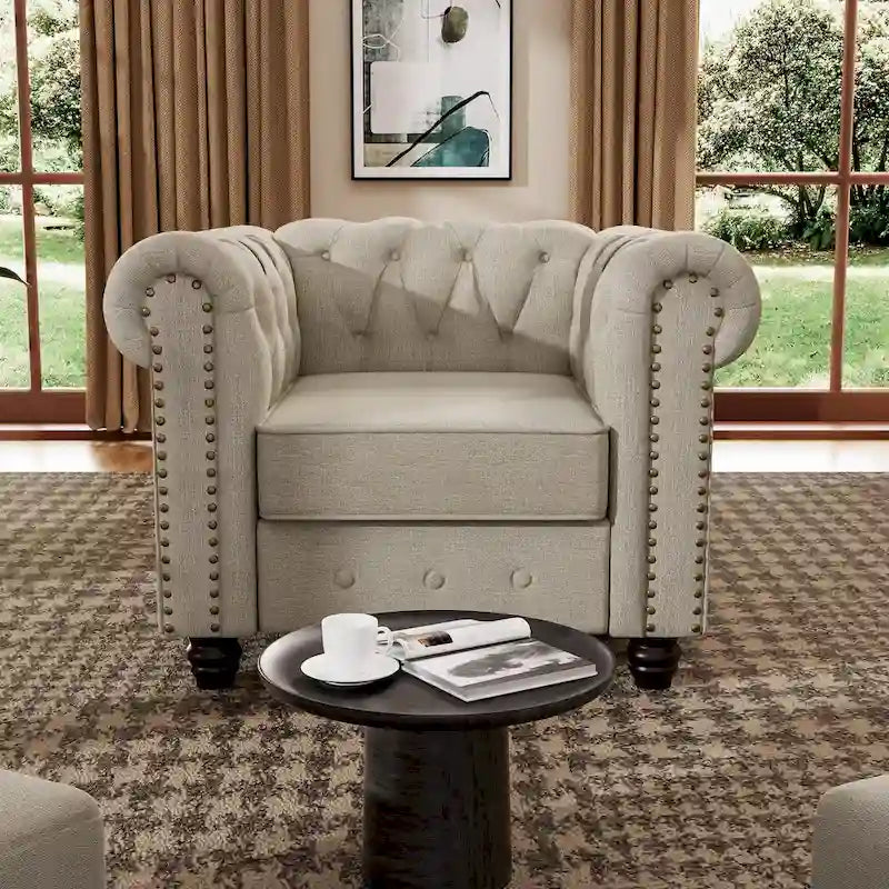 Ensemble de canapé Chesterfield capitonné et rembourré, 2 pièces pour salon, en lin, pieds en bois massif