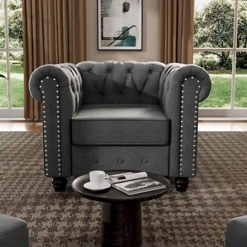 Ensemble de canapé Chesterfield capitonné et rembourré, 2 pièces pour salon, en lin, pieds en bois massif