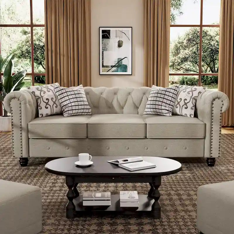 Ensemble de canapé Chesterfield capitonné et rembourré, 2 pièces pour salon, en lin, pieds en bois massif