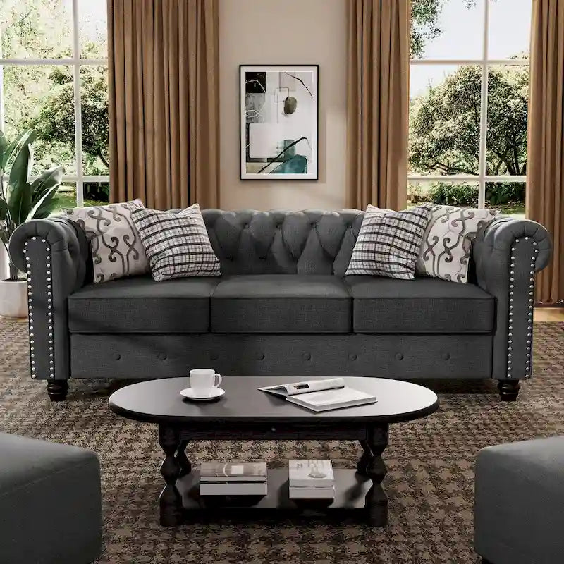 Ensemble de canapé Chesterfield capitonné et rembourré, 2 pièces pour salon, en lin, pieds en bois massif