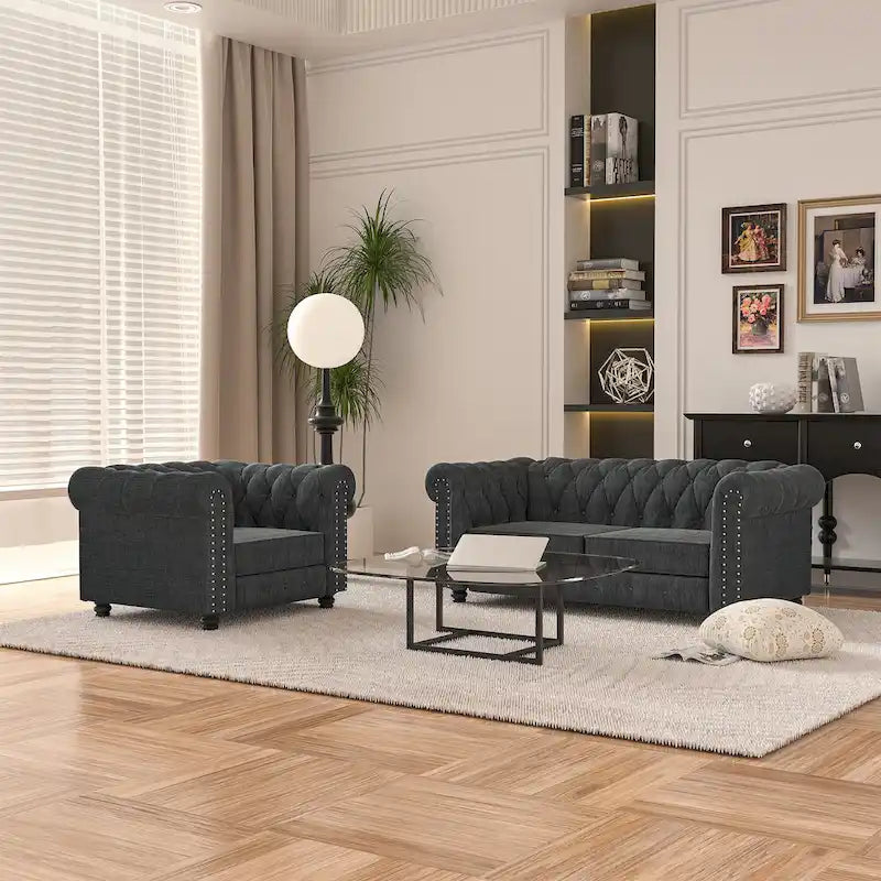 Ensemble de canapé Chesterfield capitonné et rembourré, 2 pièces pour salon, en lin, pieds en bois massif
