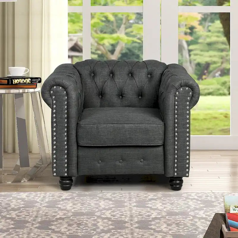 Ensemble de canapé Chesterfield capitonné et rembourré, 2 pièces pour salon, en lin, pieds en bois massif