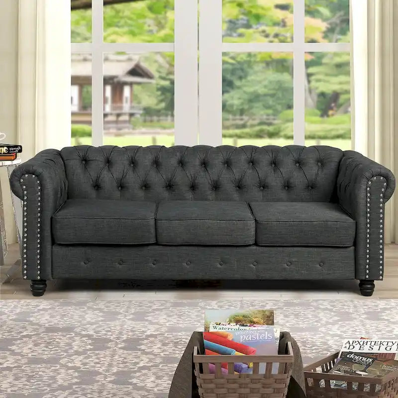 Ensemble de canapé Chesterfield capitonné et rembourré, 2 pièces pour salon, en lin, pieds en bois massif