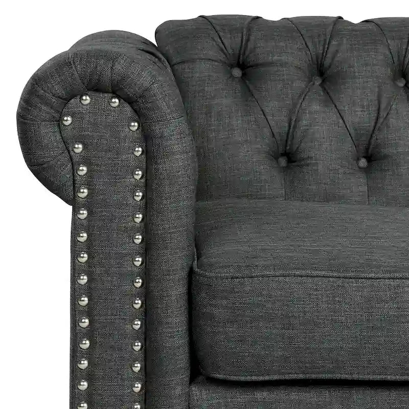 Ensemble de canapé Chesterfield capitonné et rembourré, 2 pièces pour salon, en lin, pieds en bois massif
