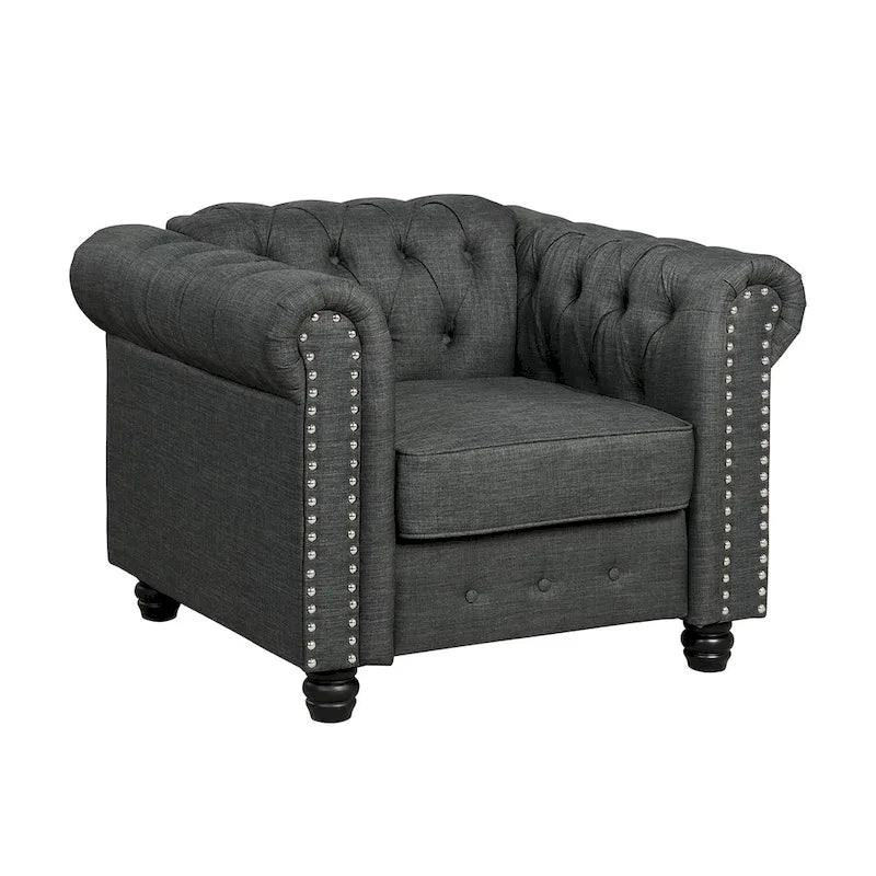 Ensemble de canapé Chesterfield capitonné et rembourré, 2 pièces pour salon, en lin, pieds en bois massif