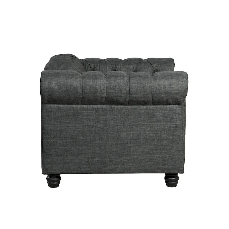 Ensemble de canapé Chesterfield capitonné et rembourré, 2 pièces pour salon, en lin, pieds en bois massif