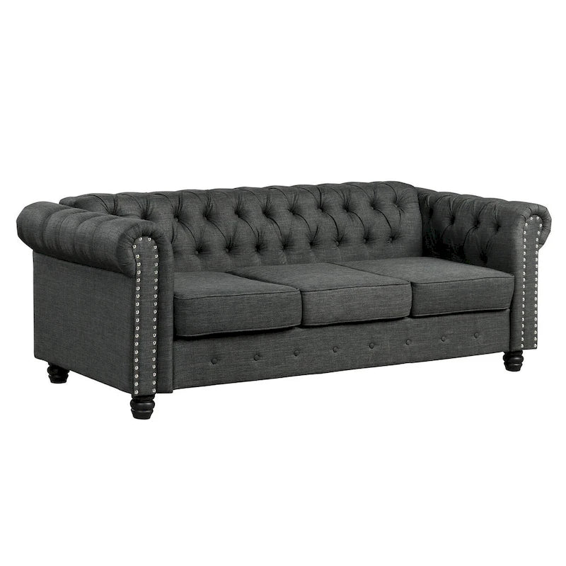 Ensemble de canapé Chesterfield capitonné et rembourré, 2 pièces pour salon, en lin, pieds en bois massif