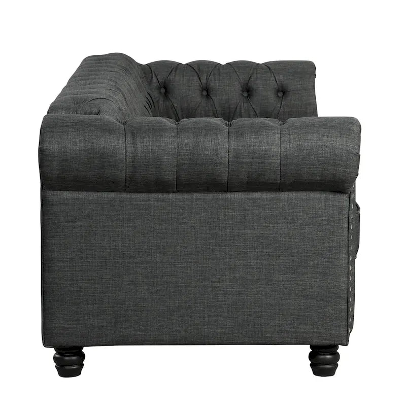 Ensemble de canapé Chesterfield capitonné et rembourré, 2 pièces pour salon, en lin, pieds en bois massif
