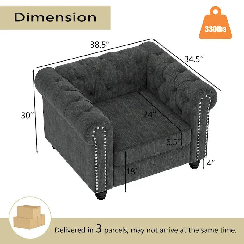 Ensemble de canapé Chesterfield capitonné et rembourré, 2 pièces pour salon, en lin, pieds en bois massif