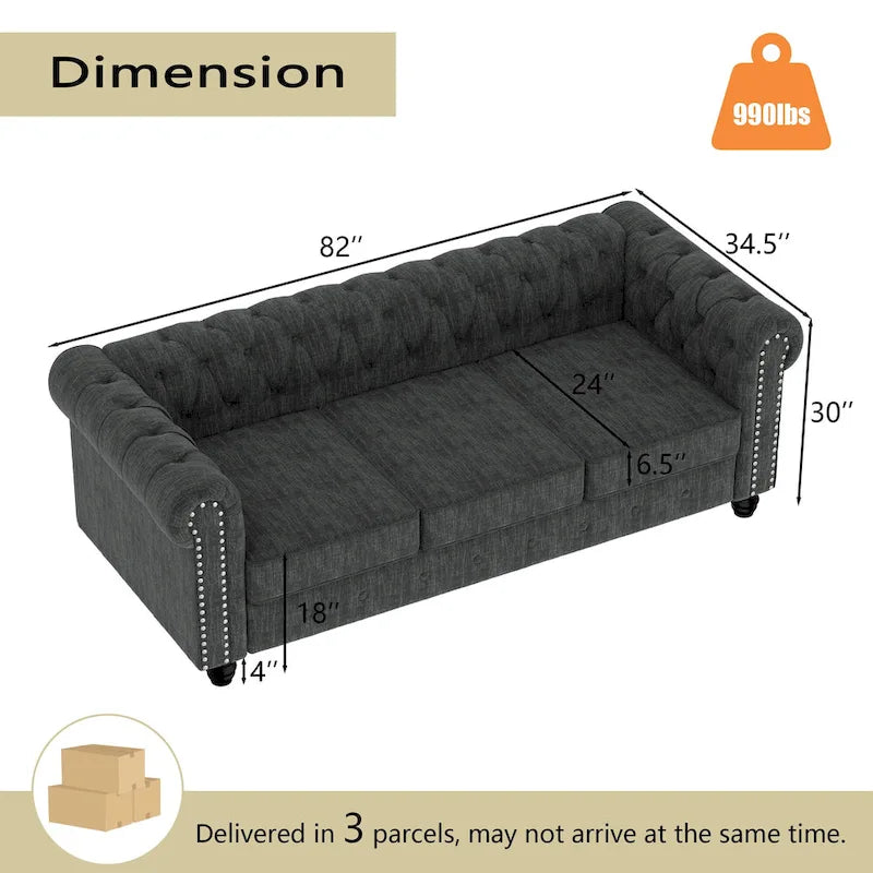 Ensemble de canapé Chesterfield capitonné et rembourré, 2 pièces pour salon, en lin, pieds en bois massif