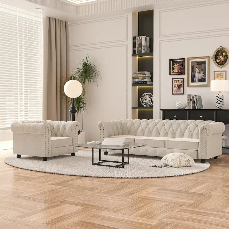 Ensemble de canapé Chesterfield capitonné et rembourré, 2 pièces pour salon, en lin, pieds en bois massif