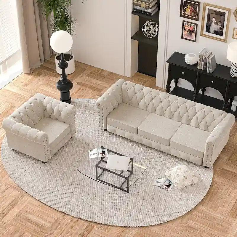 Ensemble de canapé Chesterfield capitonné et rembourré, 2 pièces pour salon, en lin, pieds en bois massif
