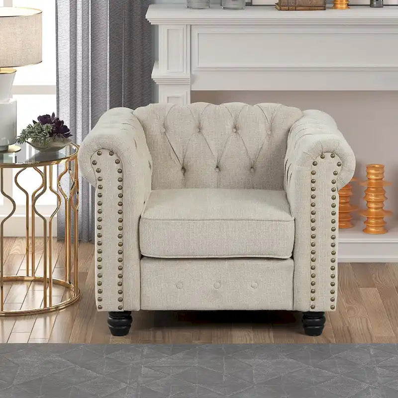 Ensemble de canapé Chesterfield capitonné et rembourré, 2 pièces pour salon, en lin, pieds en bois massif