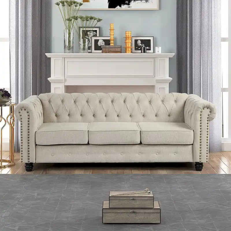 Ensemble de canapé Chesterfield capitonné et rembourré, 2 pièces pour salon, en lin, pieds en bois massif