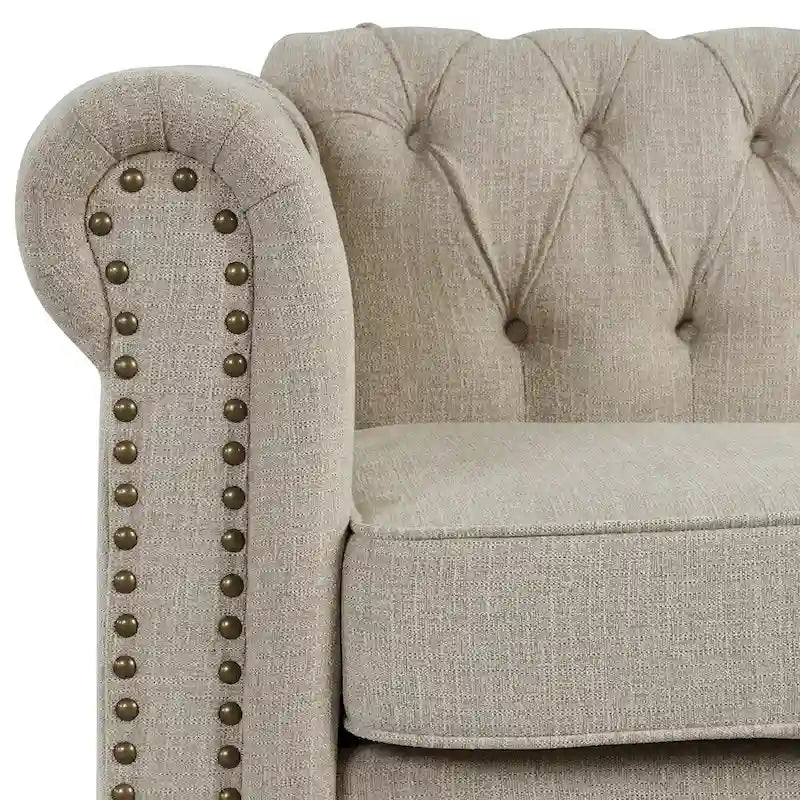 Ensemble de canapé Chesterfield capitonné et rembourré, 2 pièces pour salon, en lin, pieds en bois massif