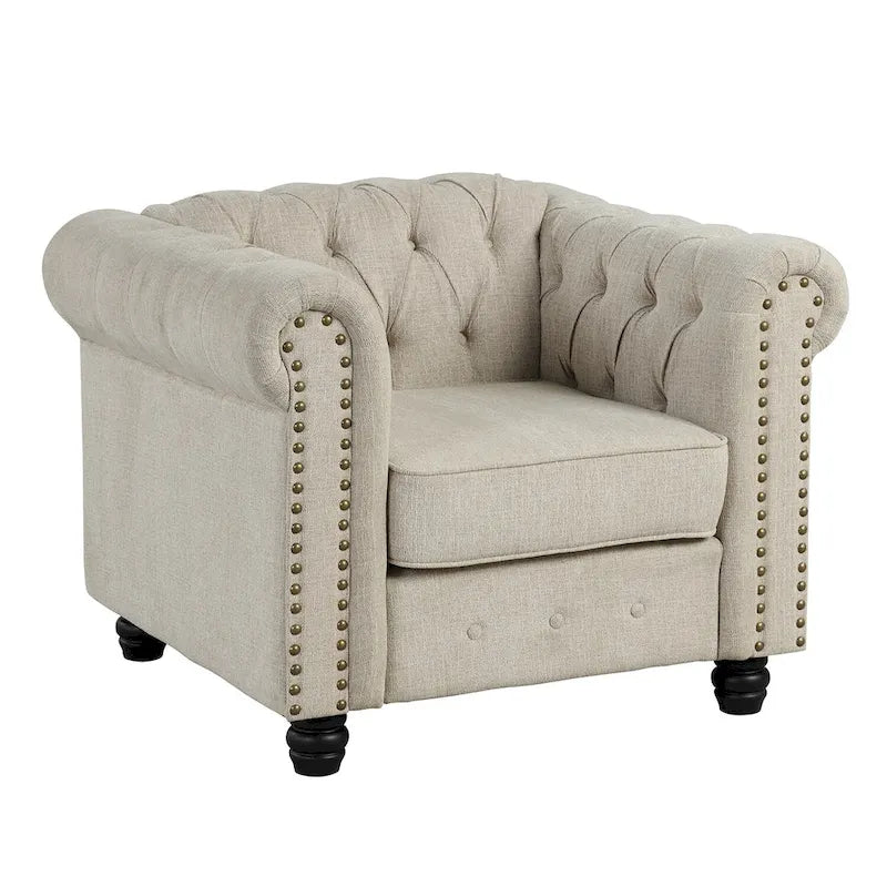 Ensemble de canapé Chesterfield capitonné et rembourré, 2 pièces pour salon, en lin, pieds en bois massif