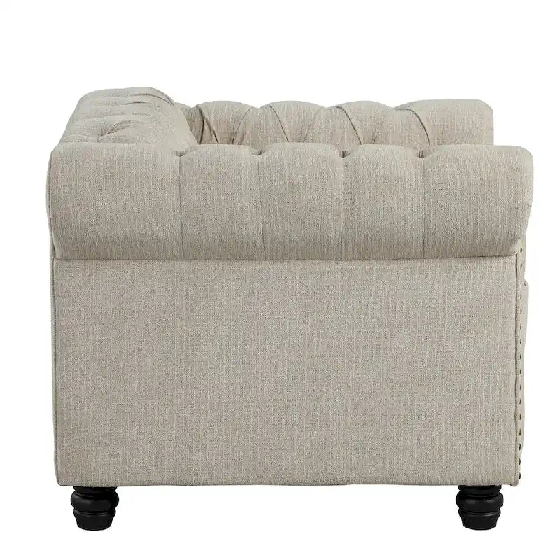 Ensemble de canapé Chesterfield capitonné et rembourré, 2 pièces pour salon, en lin, pieds en bois massif