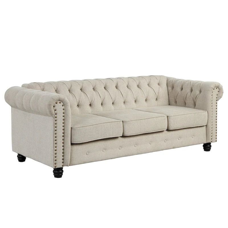 Ensemble de canapé Chesterfield capitonné et rembourré, 2 pièces pour salon, en lin, pieds en bois massif