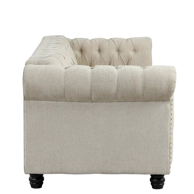 Ensemble de canapé Chesterfield capitonné et rembourré, 2 pièces pour salon, en lin, pieds en bois massif