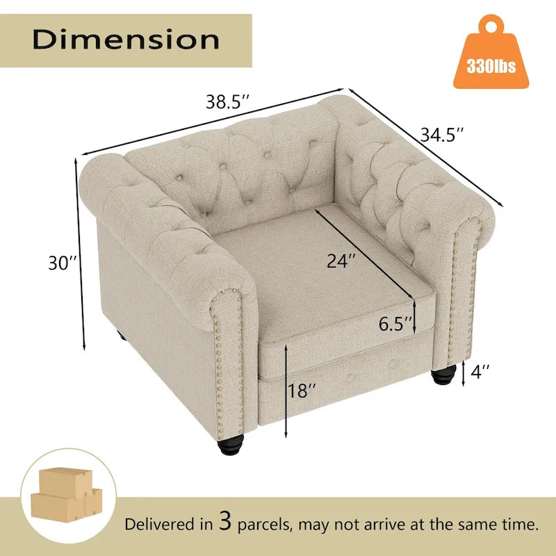 Ensemble de canapé Chesterfield capitonné et rembourré, 2 pièces pour salon, en lin, pieds en bois massif
