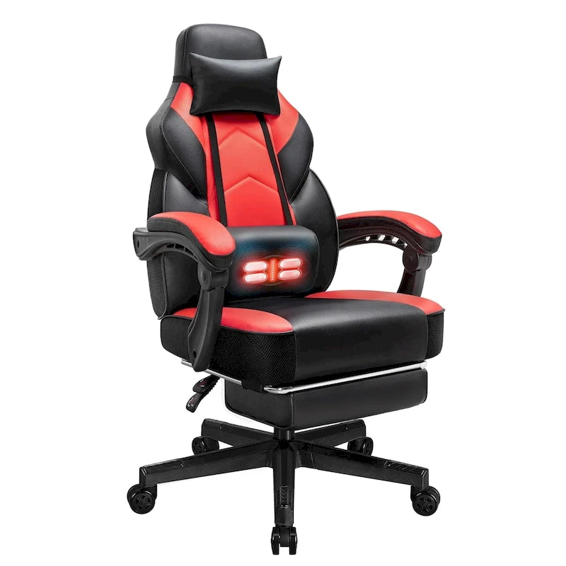 Chaise de jeu en cuir PU Chaise de bureau avec repose-tête, repose-pieds et support lombaire massant