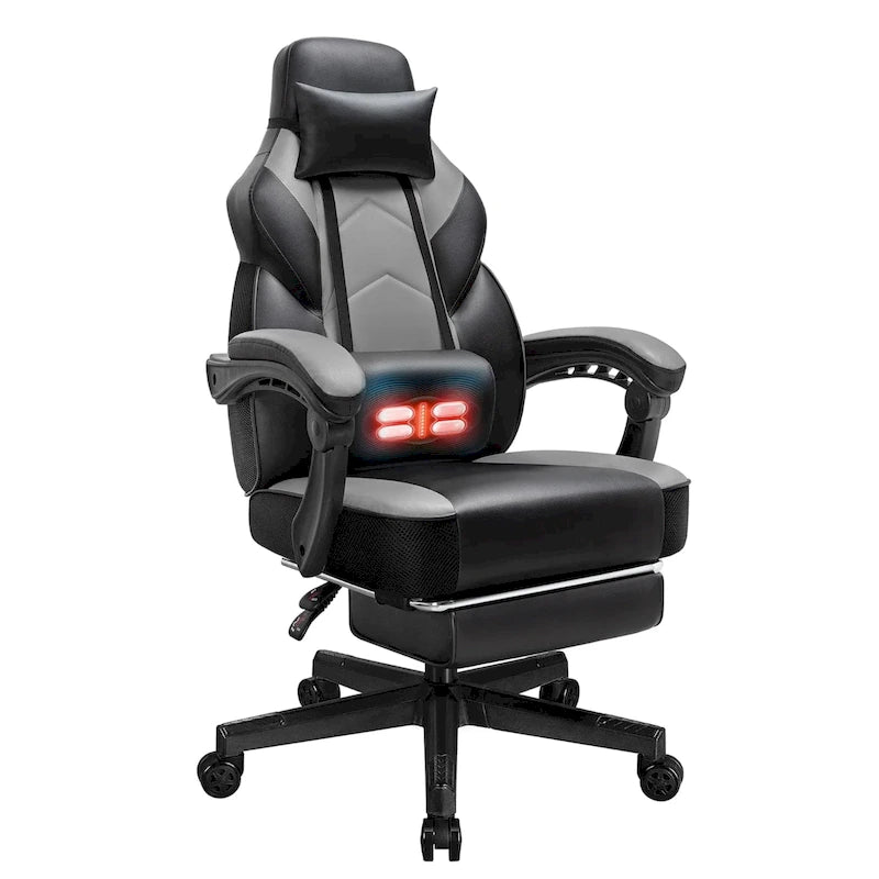 Chaise de jeu en cuir PU Chaise de bureau avec repose-tête, repose-pieds et support lombaire massant