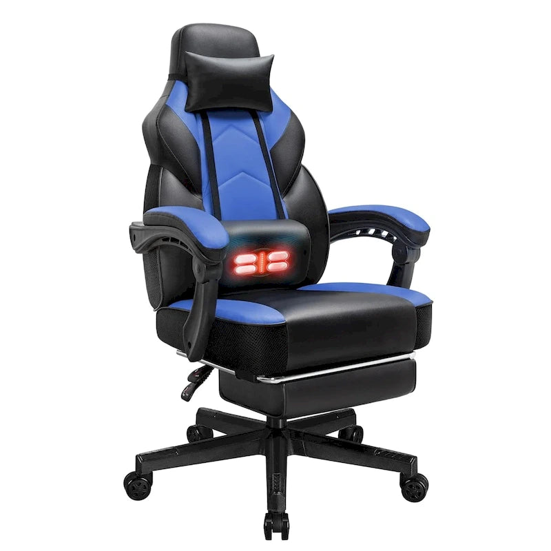 Chaise de jeu en cuir PU Chaise de bureau avec repose-tête, repose-pieds et support lombaire massant