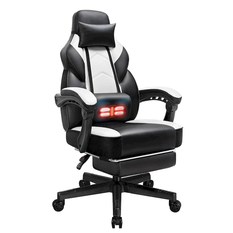 Chaise de jeu en cuir PU Chaise de bureau avec repose-tête, repose-pieds et support lombaire massant