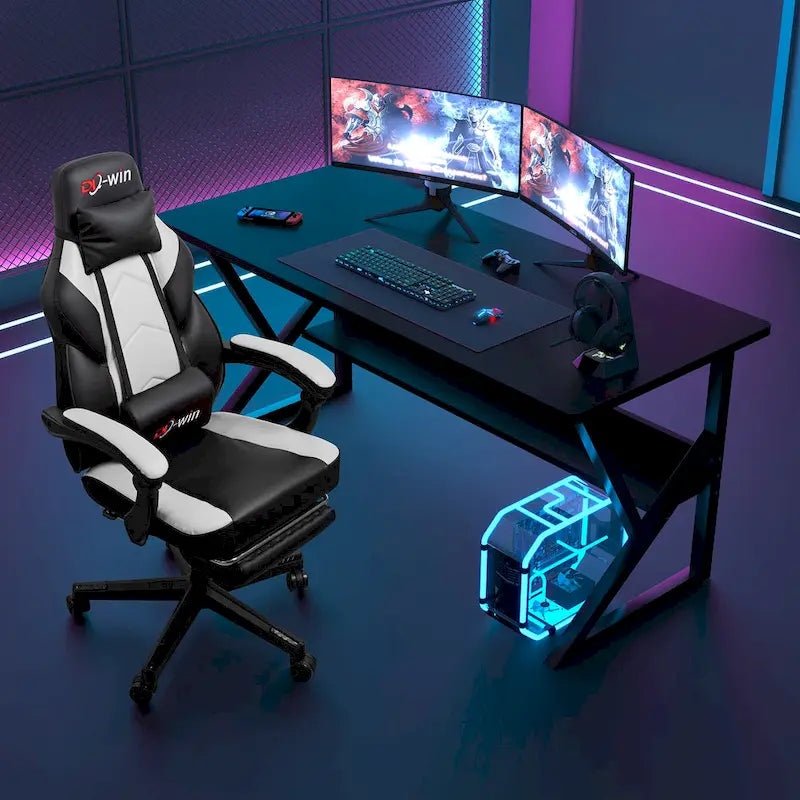Chaise de jeu en cuir PU Chaise de bureau avec repose-tête, repose-pieds et support lombaire massant