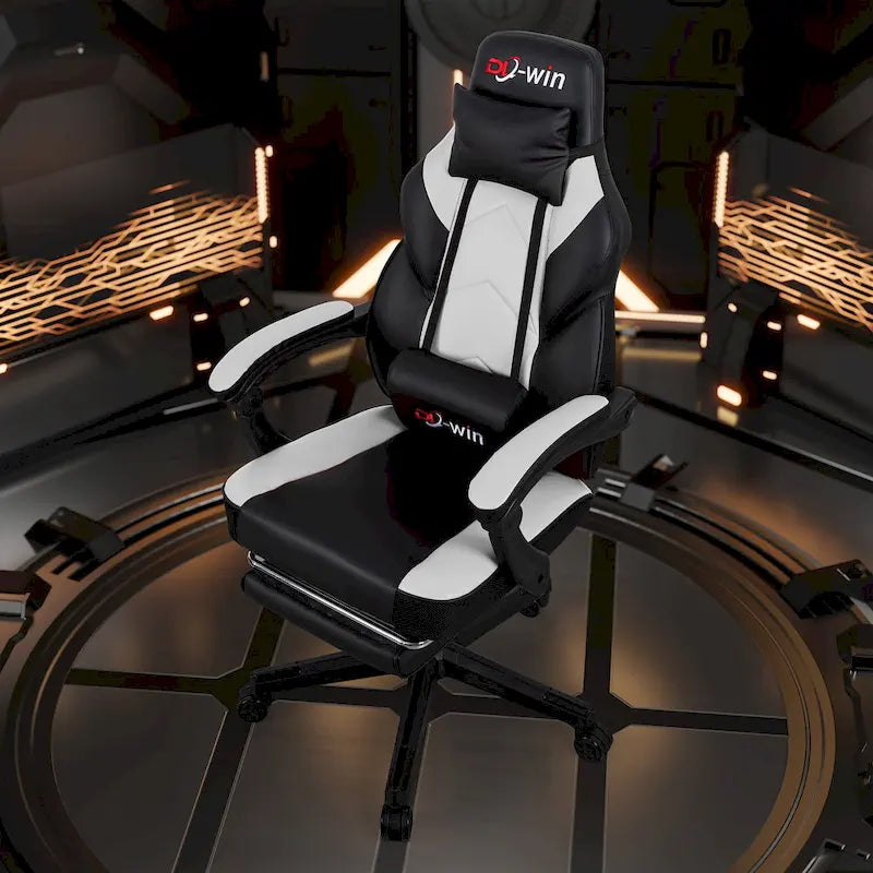Chaise de jeu en cuir PU Chaise de bureau avec repose-tête, repose-pieds et support lombaire massant